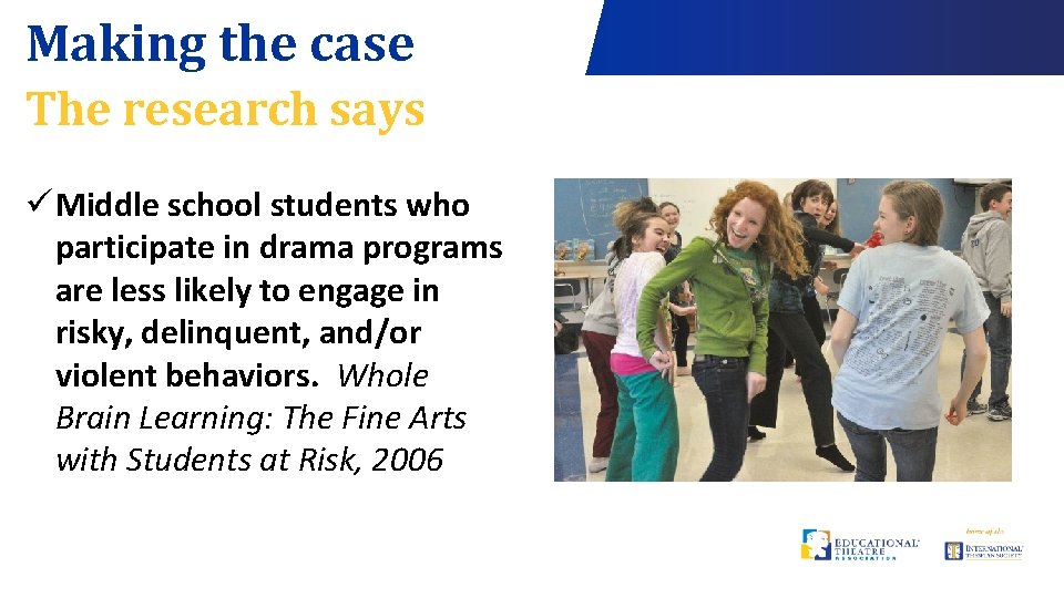 Making the case The research says ü Middle school students who participate in drama