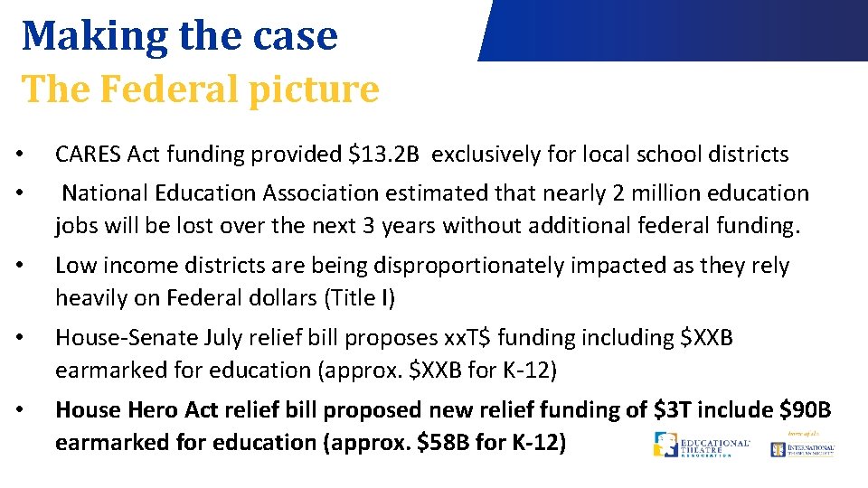 Making the case The Federal picture • CARES Act funding provided $13. 2 B
