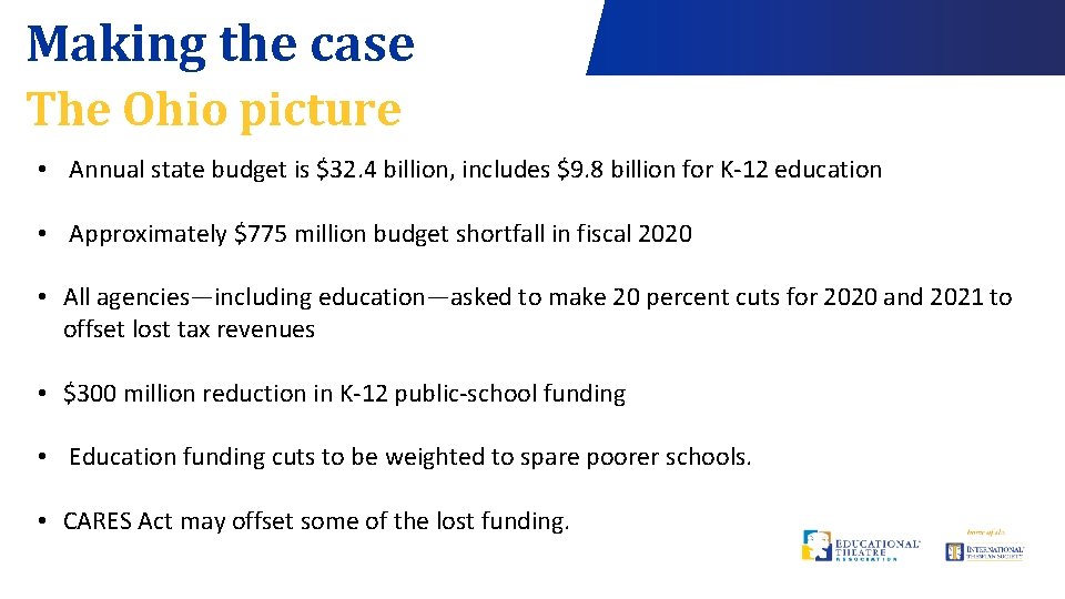 Making the case The Ohio picture • Annual state budget is $32. 4 billion,