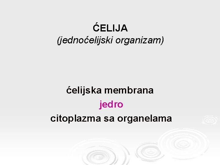 ĆELIJA (jednoćelijski organizam) ćelijska membrana jedro citoplazma sa organelama 