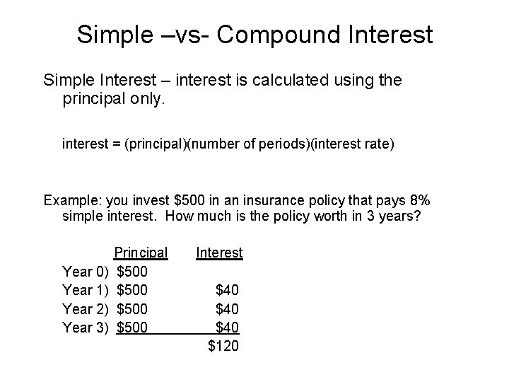 Simple –vs- Compound Interest Simple Interest – interest is calculated using the principal only.
