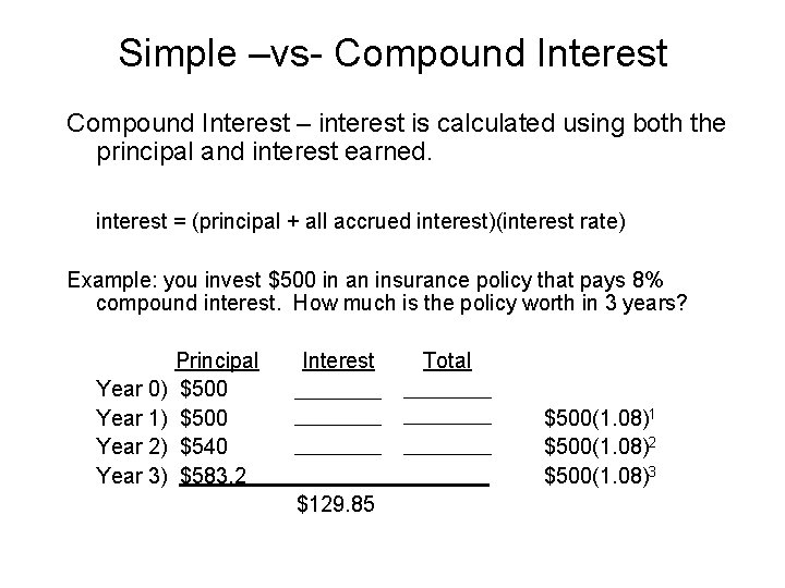 Simple –vs- Compound Interest – interest is calculated using both the principal and interest