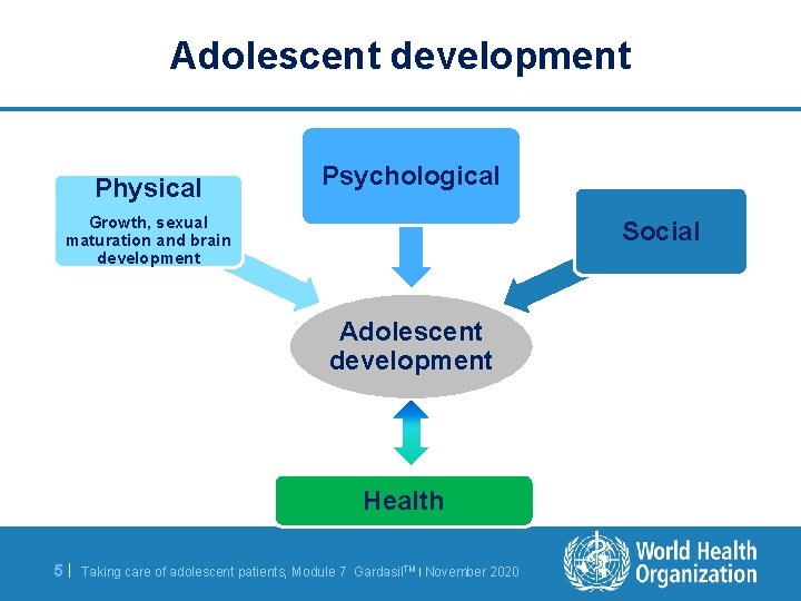 Adolescent development Physical Psychological Growth, sexual maturation and brain development Social Adolescent development Health