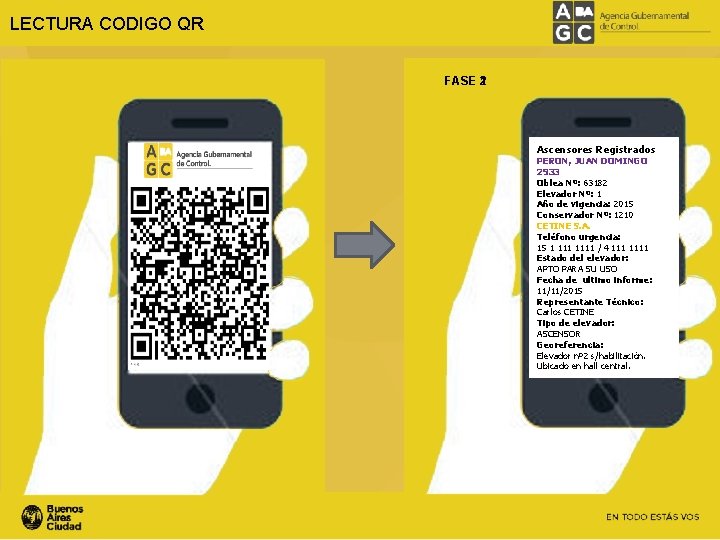 LECTURA CODIGO QR FASE 2 1 Ascensores Registrados PERON, JUAN DOMINGO 2933 Oblea Nº: