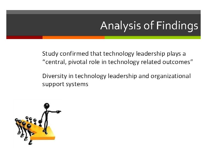 Analysis of Findings Study confirmed that technology leadership plays a “central, pivotal role in