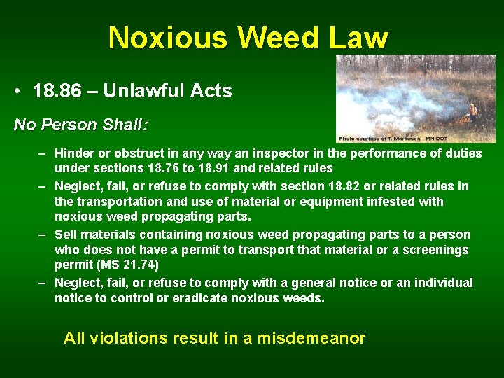 Noxious Weed Law • 18. 86 – Unlawful Acts No Person Shall: – Hinder