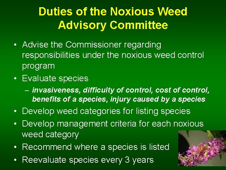 Duties of the Noxious Weed Advisory Committee • Advise the Commissioner regarding responsibilities under
