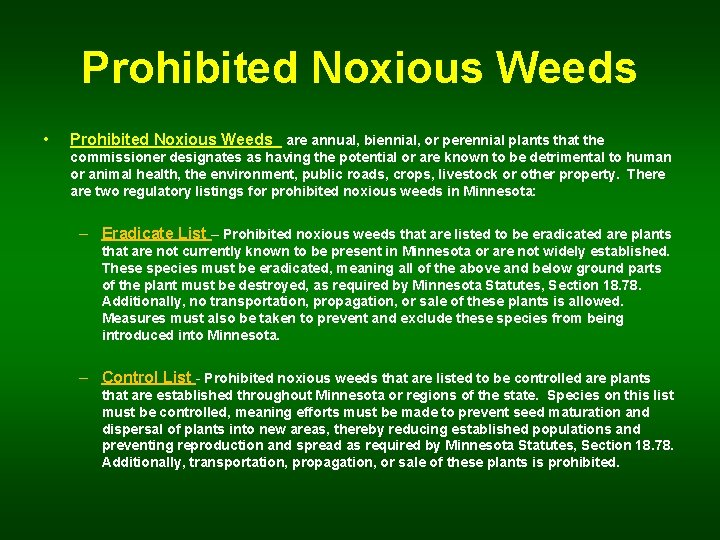 Prohibited Noxious Weeds • Prohibited Noxious Weeds are annual, biennial, or perennial plants that
