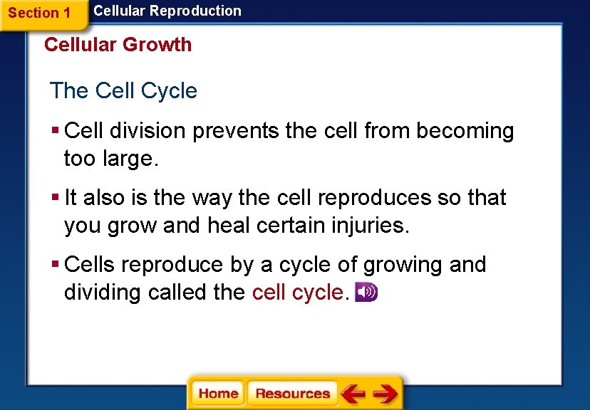 Section 1 Cellular Reproduction Cellular Growth The Cell Cycle § Cell division prevents the