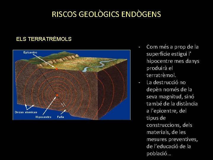 RISCOS GEOLÒGICS ENDÒGENS ELS TERRATRÈMOLS - - Com més a prop de la superfície