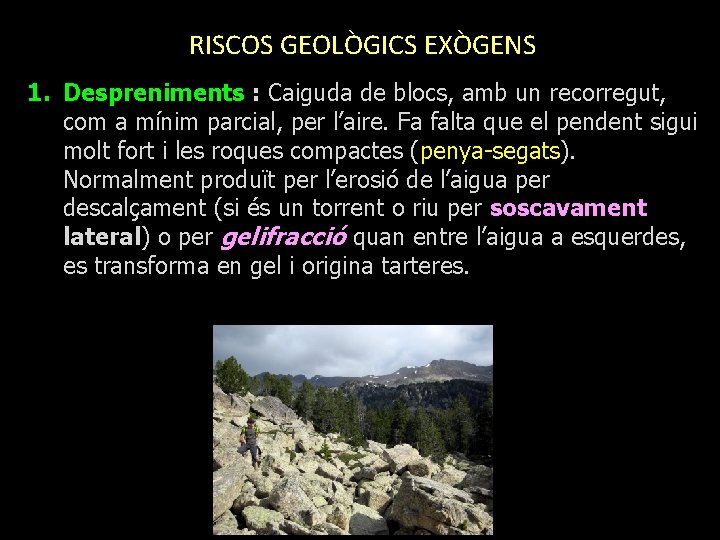  RISCOS GEOLÒGICS EXÒGENS 1. Despreniments : Caiguda de blocs, amb un recorregut, com