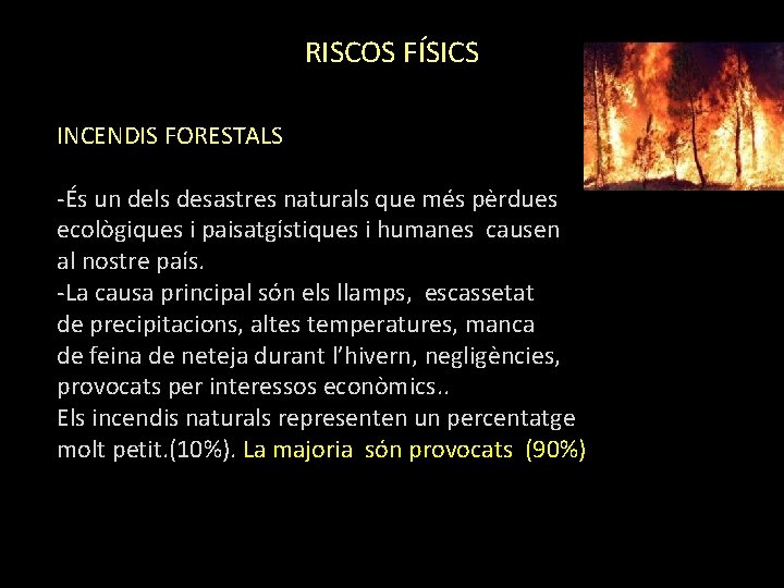 RISCOS FÍSICS INCENDIS FORESTALS -És un dels desastres naturals que més pèrdues ecològiques i