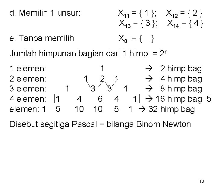 d. Memilih 1 unsur: X 11 = { 1 }; X 12 = {