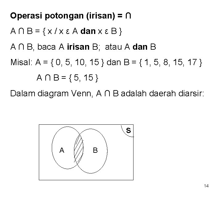 Operasi potongan (irisan) = ∩ A ∩ B = { x / x ε