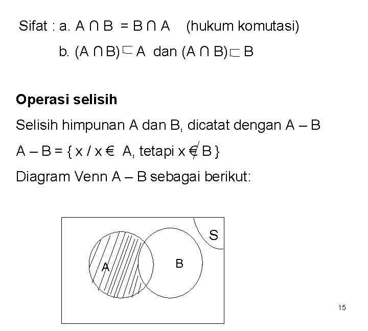 Sifat : a. A ∩ B = B ∩ A b. (A ∩ B)