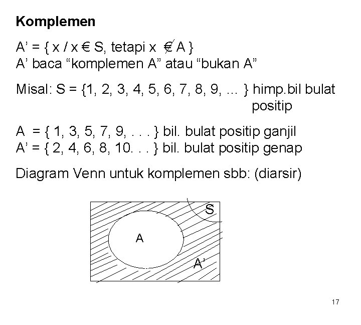 Komplemen A’ = { x / x € S, tetapi x € A }