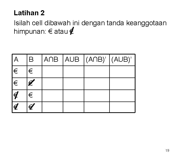 Latihan 2 Isilah cell dibawah ini dengan tanda keanggotaan himpunan: € atau € A