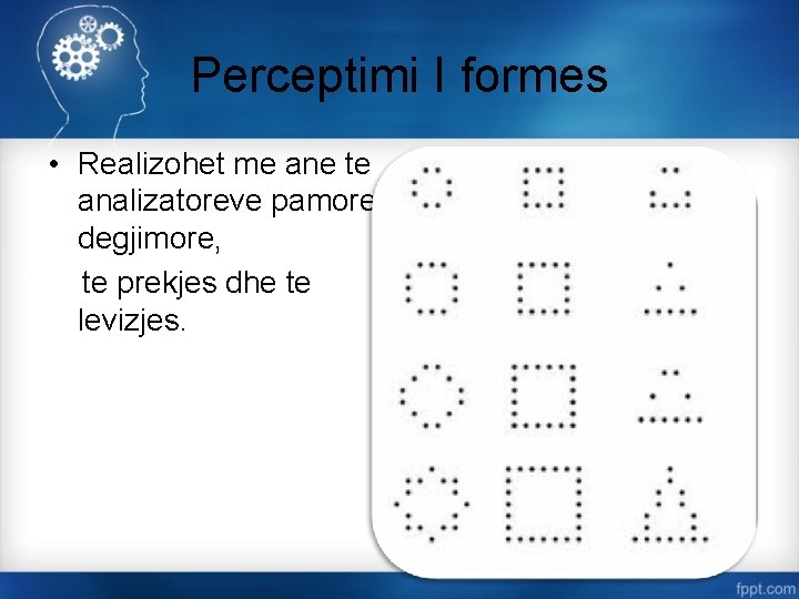 Perceptimi I formes • Realizohet me ane te analizatoreve pamore, degjimore, te prekjes dhe