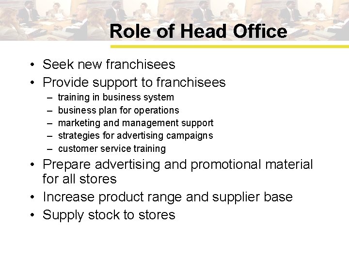 Role of Head Office • Seek new franchisees • Provide support to franchisees –