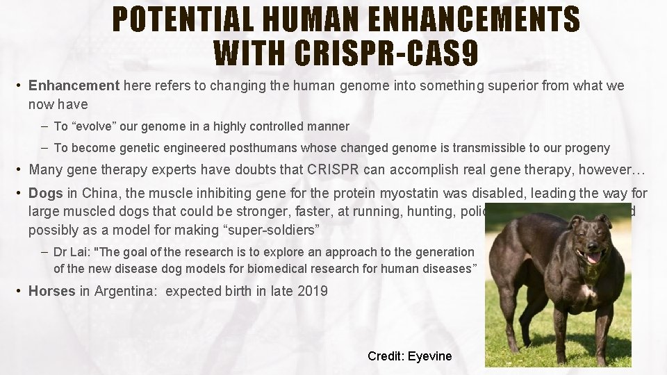 POTENTIAL HUMAN ENHANCEMENTS WITH CRISPR-CAS 9 • Enhancement here refers to changing the human