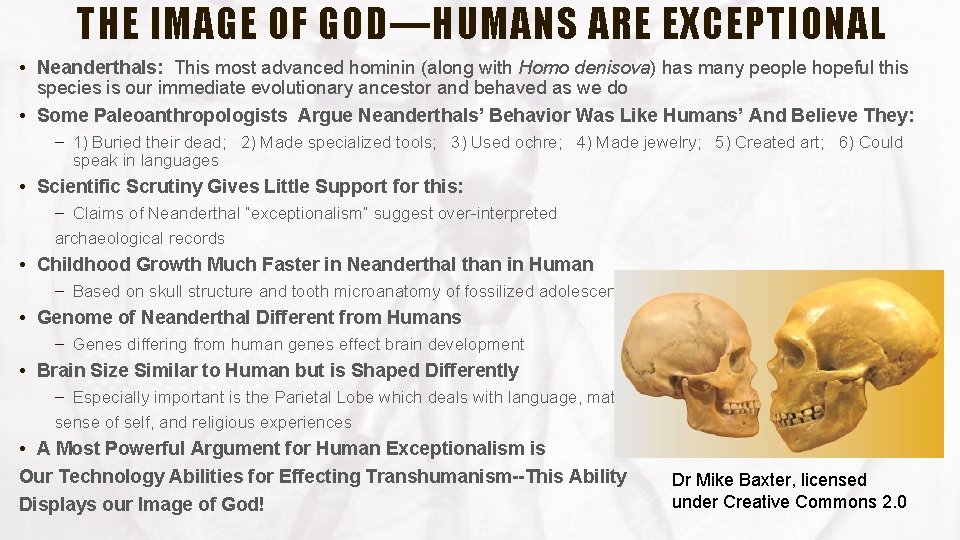 THE IMAGE OF GOD—HUMANS ARE EXCEPTIONAL • Neanderthals: This most advanced hominin (along with