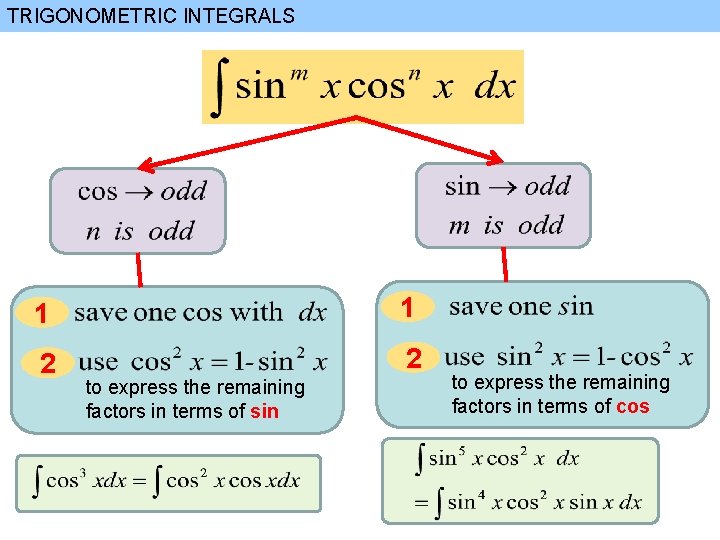 TRIGONOMETRIC INTEGRALS 1 1 2 2 to express the remaining factors in terms of