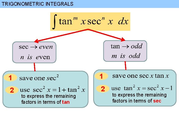 TRIGONOMETRIC INTEGRALS 1 1 2 2 to express the remaining factors in terms of