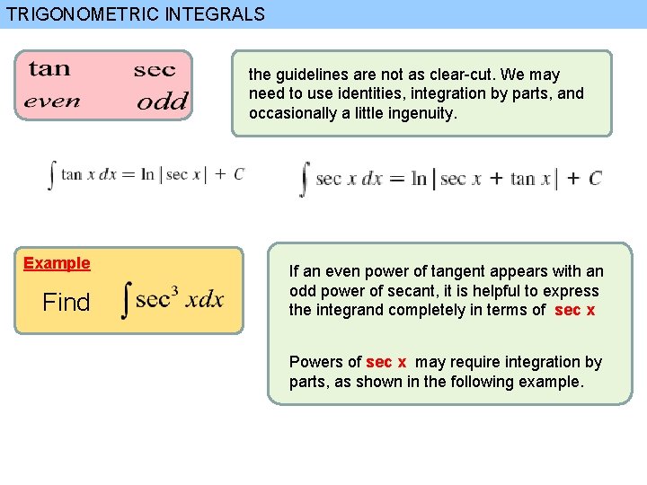 TRIGONOMETRIC INTEGRALS the guidelines are not as clear-cut. We may need to use identities,