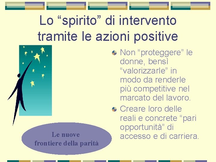 Lo “spirito” di intervento tramite le azioni positive Le nuove frontiere della parità Non