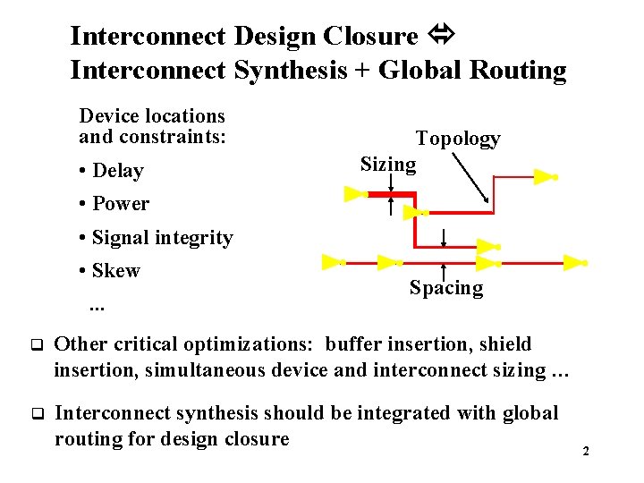 Interconnect Design Closure Interconnect Synthesis + Global Routing Device locations and constraints: • Delay