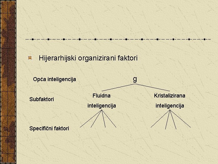 Hijerarhijski organizirani faktori g Opća inteligencija Subfaktori Specifični faktori Fluidna Kristalizirana inteligencija 
