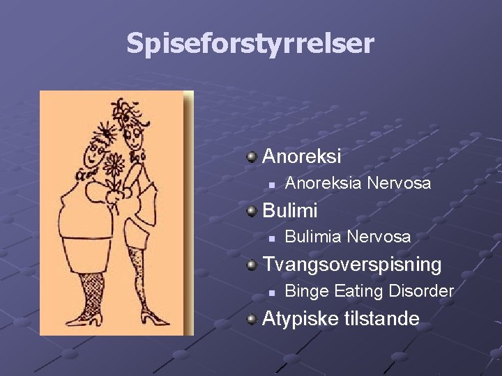 Spiseforstyrrelser Anoreksi n Anoreksia Nervosa Bulimi n Bulimia Nervosa Tvangsoverspisning n Binge Eating Disorder