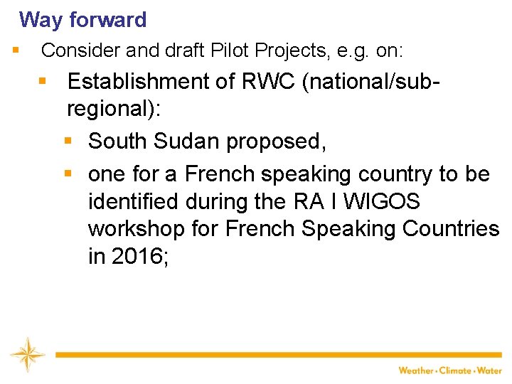 Way forward § Consider and draft Pilot Projects, e. g. on: § Establishment of