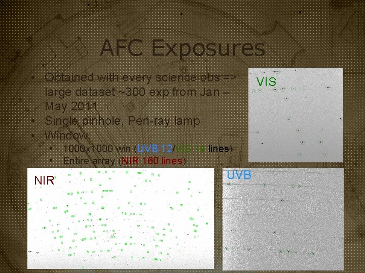 AFC Exposures • Obtained with every science obs => large dataset ~300 exp from