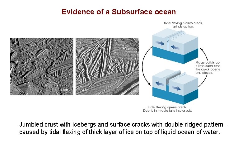 Evidence of a Subsurface ocean Jumbled crust with icebergs and surface cracks with double-ridged