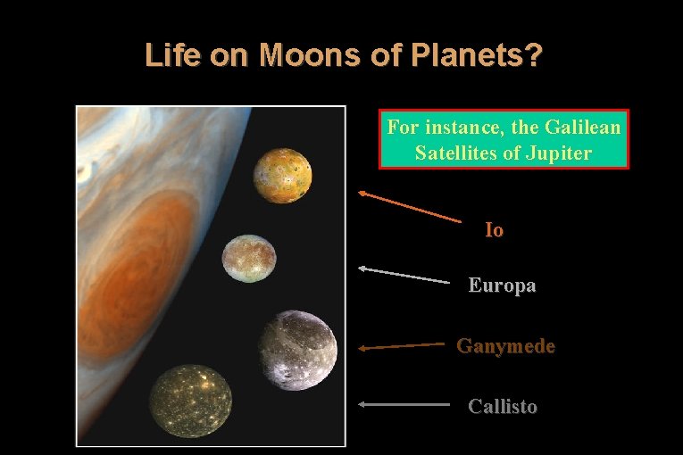 Life on Moons of Planets? For instance, the Galilean Satellites of Jupiter Io Europa