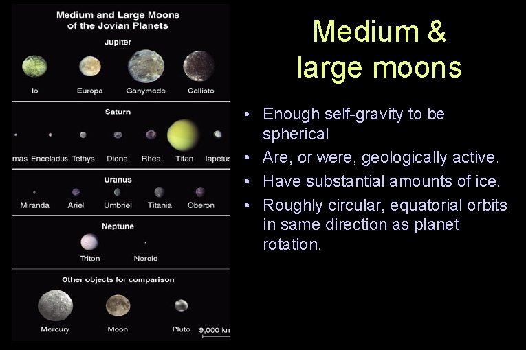 Medium & large moons • Enough self-gravity to be spherical • Are, or were,