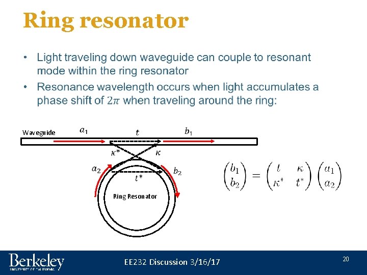 Ring resonator • Waveguide Ring Resonator EE 232 Discussion 3/16/17 20 Ring resonator • Waveguide Ring Resonator EE 232 Discussion 3/16/17 20