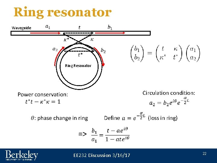 Ring resonator Waveguide Ring Resonator Circulation condition: Define => (loss in ring) EE 232 Ring resonator Waveguide Ring Resonator Circulation condition: Define => (loss in ring) EE 232