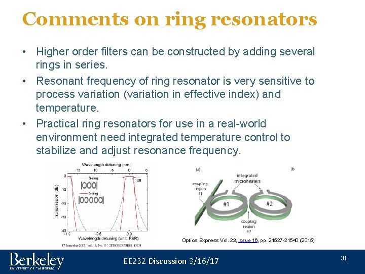 Comments on ring resonators • Higher order filters can be constructed by adding several Comments on ring resonators • Higher order filters can be constructed by adding several