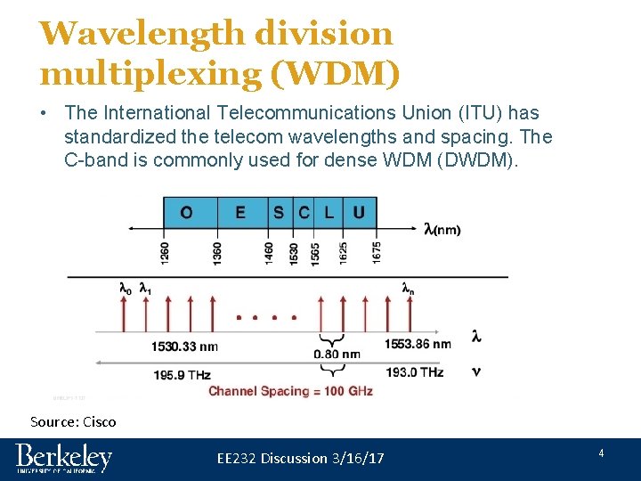 Wavelength division multiplexing (WDM) • The International Telecommunications Union (ITU) has standardized the telecom Wavelength division multiplexing (WDM) • The International Telecommunications Union (ITU) has standardized the telecom