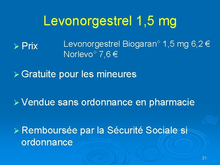 Levonorgestrel 1, 5 mg Ø Prix Levonorgestrel Biogaran° 1, 5 mg 6, 2 €