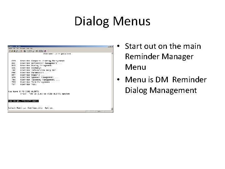 Dialog Menus • Start out on the main Reminder Manager Menu • Menu is