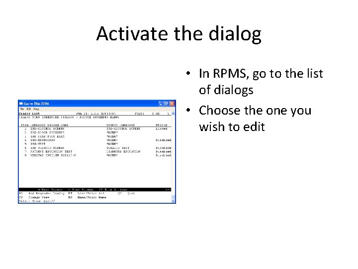 Activate the dialog • In RPMS, go to the list of dialogs • Choose