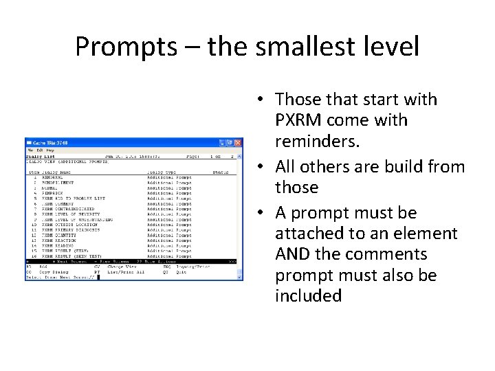 Prompts – the smallest level • Those that start with PXRM come with reminders.