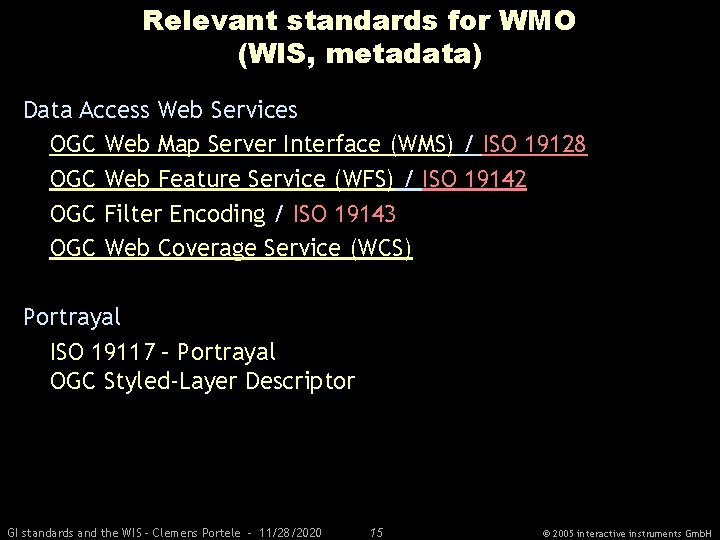Relevant standards for WMO (WIS, metadata) Data Access Web Services OGC Web Map Server