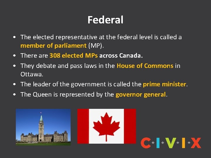Federal • The elected representative at the federal level is called a member of
