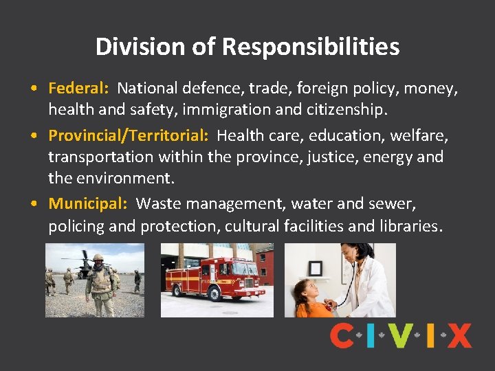 Division of Responsibilities • Federal: National defence, trade, foreign policy, money, health and safety,