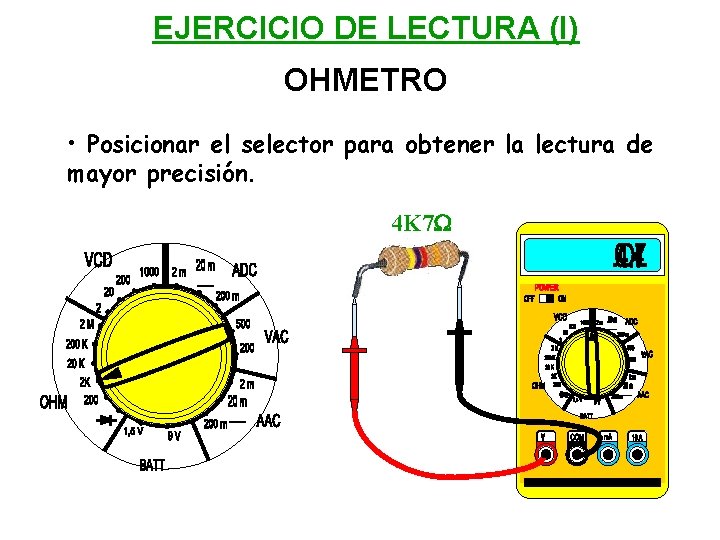 EJERCICIO DE LECTURA (I) OHMETRO • Posicionar el selector para obtener la lectura de