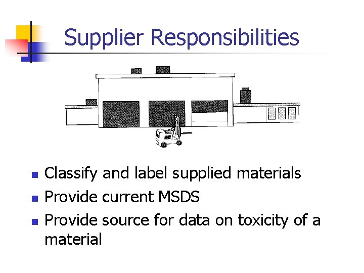 Supplier Responsibilities n n n Classify and label supplied materials Provide current MSDS Provide